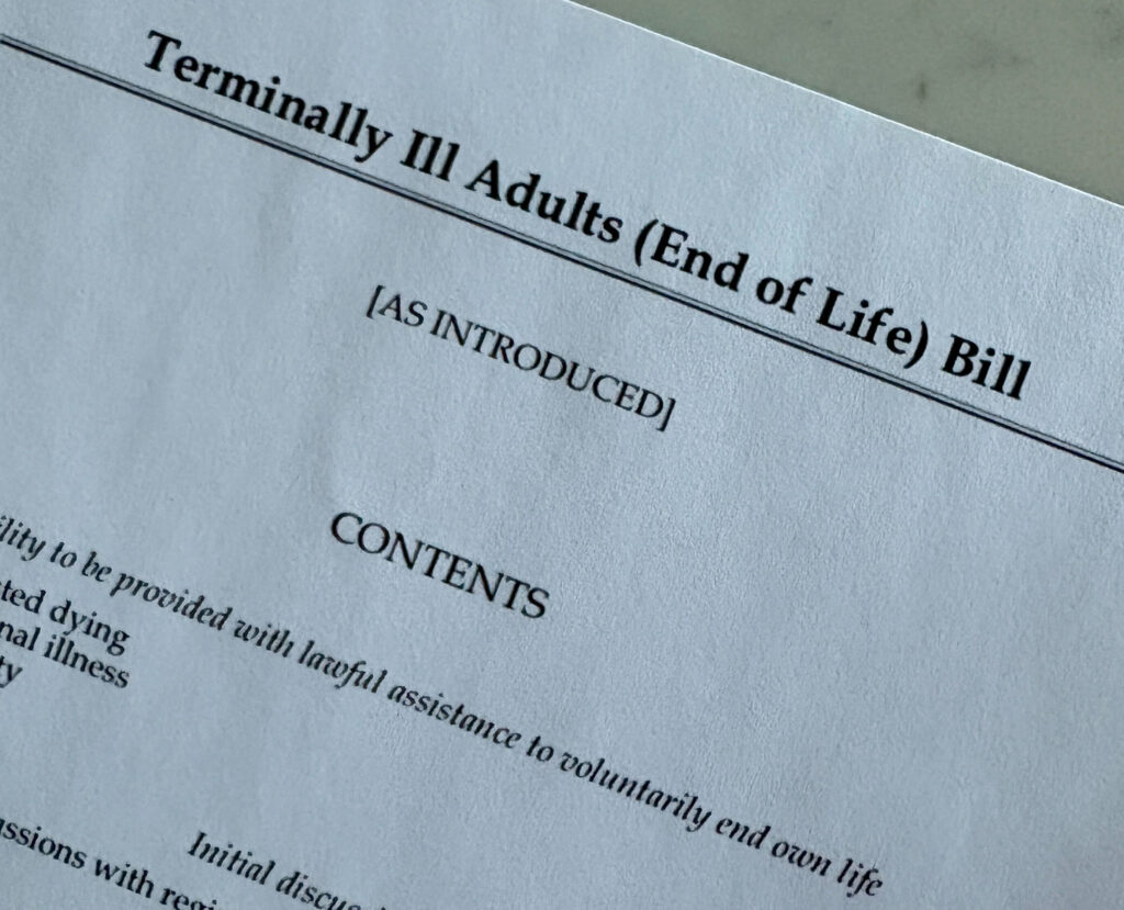 A picture of the title of the Terminally Ill Adults (End of Life Bill) printed out